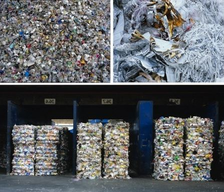 Collage of Mars waste management examples, trash compacted into neat piles